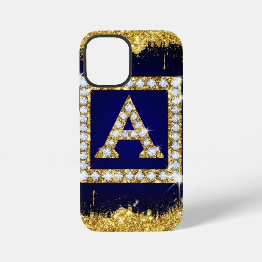 青いラメの背景に金色のモノグラムイニシャルA iPhoneケース (裏面)