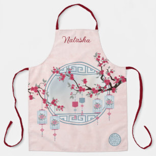 青いランタンのアジアの桜のデジタルアート エプロン