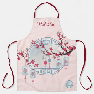 青いランタンのアジアの桜のデジタルアート エプロン