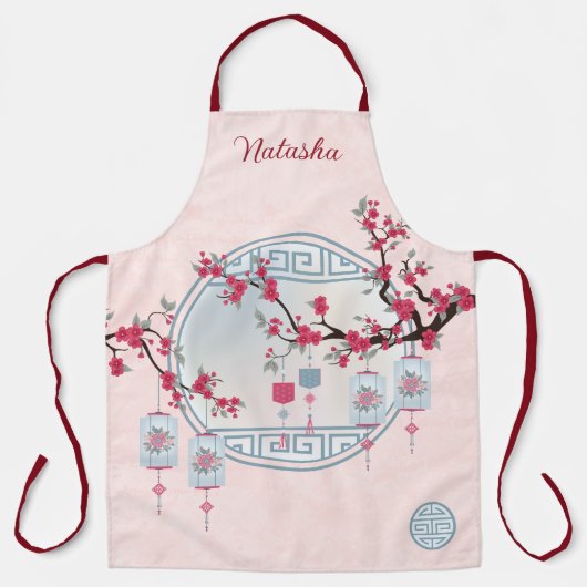 青いランタンのアジアの桜のデジタルアート エプロン (正面)