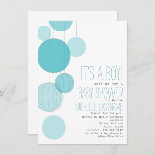 青いランタンの男の子のベビーシャワー 招待状 (正面/裏面)