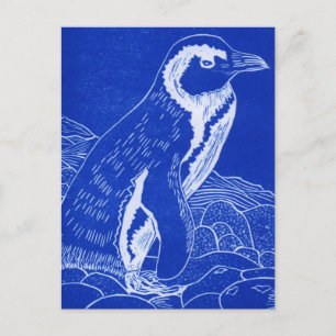 青いリノカットペンギン ポストカード