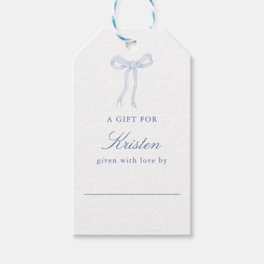 青いリボンで結ばれたノット ディスプレイ シャワー ギフトタグ (正面)