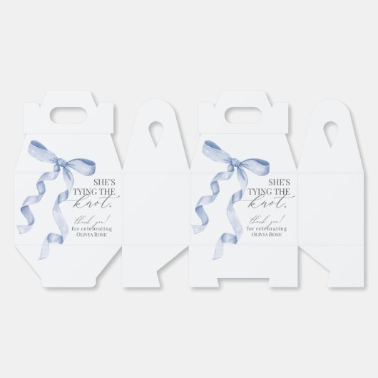 青いリボンで結ばれた ブライダルシャワーのギフト フェイバーボックス (見開き)