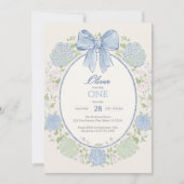 青いリボンとアジサイの花　男の子の1歳の誕生日 招待状 (正面)