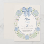 青いリボンとアジサイの花　男の子の1歳の誕生日 招待状 (正面/裏面)