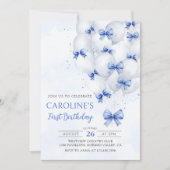 青いリボンと風船の誕生日招待状 招待状 (正面)