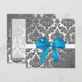 青いリボンと黒のダマスク織の招待状 招待状 (正面/裏面)