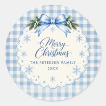 青いリボンのギンガムチェックのテディベアのクリスマスステッカー