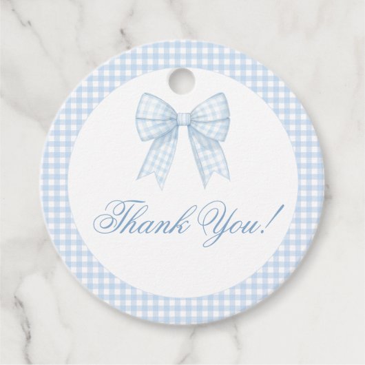 青いリボンのギンガム男の赤ちゃんシャワ感謝していーユー フェイバータグ (正面)