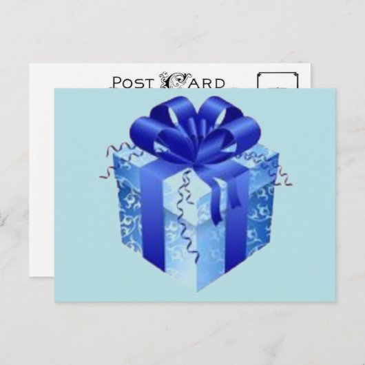 青いリボンの付いた青いギフトボックス シーズンポストカード (正面/裏面)