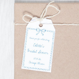 青いリボンの手描き ウェディングシャワーの感謝を伝えるカード ギフトタグ