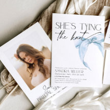 青いリボンの結婚前お祝い招待状「結婚する彼女」