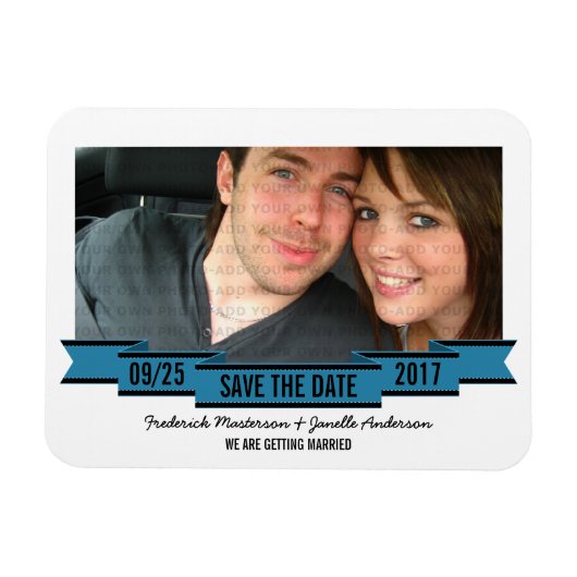 青いリボン写真Save the Date Magnet マグネット (横)
