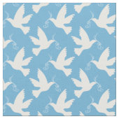 青いリボン模様の生地と平和な白い鳩 ファブリック (クローズアップ)