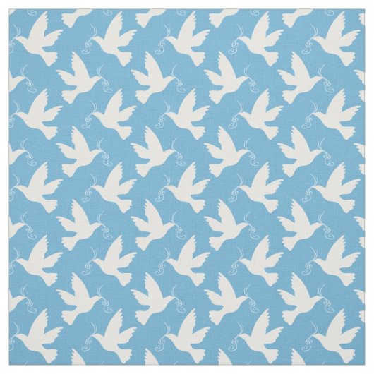 青いリボン模様の生地と平和な白い鳩 ファブリック (見本)