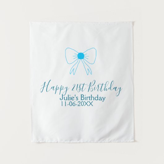 青いリボン　おしゃれな21歳の誕生日　名前　日付　女の子 タペストリー (正面)