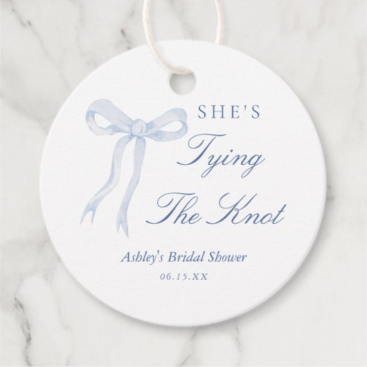 青いリボン　彼女が結婚する ブライダルシャワー フェイバータグ (正面)