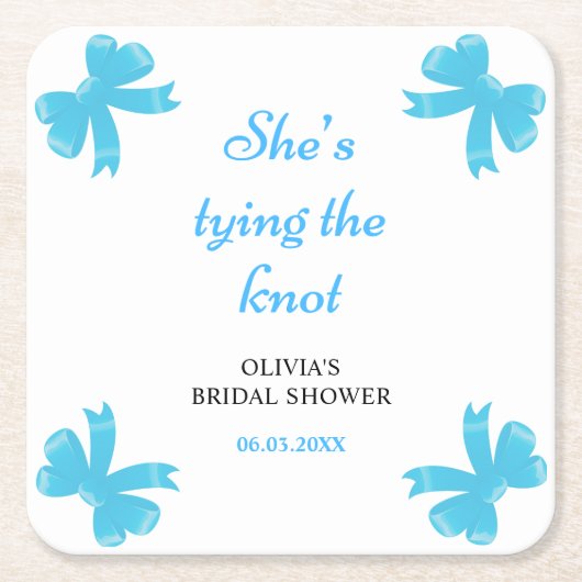 青いリボン 彼女は結婚する ブライダルシャワー スクエアペーパーコースター (正面)