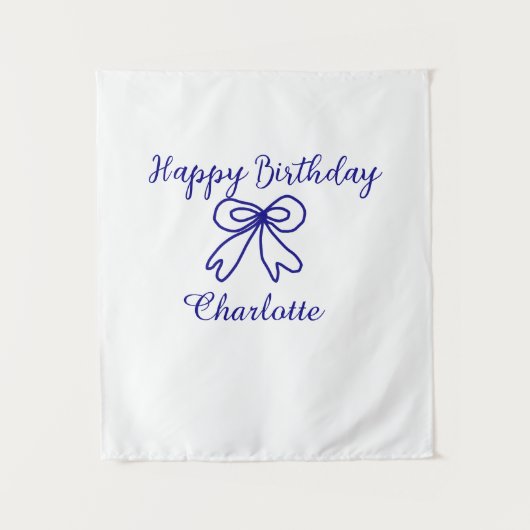 青いリボン CUTIE ADD NAME BABY ハッピーバースデー タペストリー (正面)