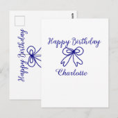 青いリボン CUTIE ADD NAME BABY ハッピーバースデー ポストカード (正面/裏面)