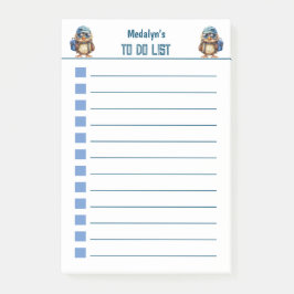 青いリュックと帽子と眼鏡を持った賢いフクロウ ポストイット