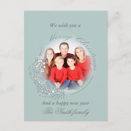 青いリース写真クリスマスに白い果実 ポストカード (正面)