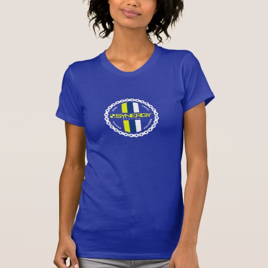 青いレディースのバッジ Tシャツ (正面)