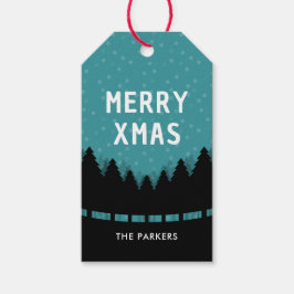 青いレトロなクリスマスツリーと雪のピンタrees ギフトタグ