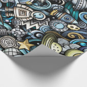 青いレトロ宇宙パターン ラッピングペーパー (角)