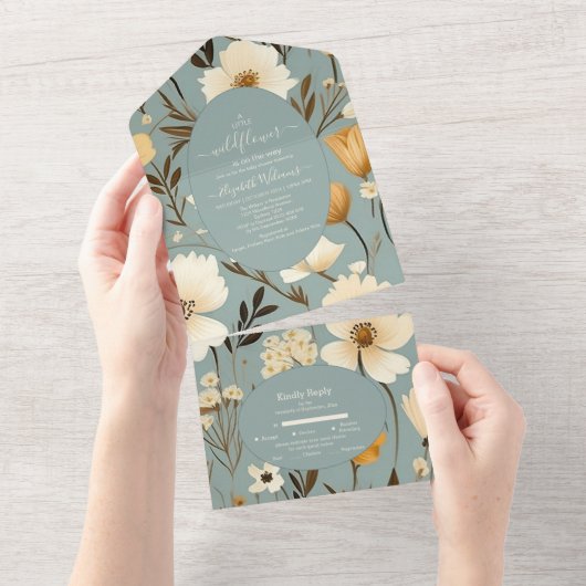 青いレトロ小さなワイルドフラワーベビーシャワー オールインワン招待状 (貼ってはがせる)