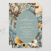 青いレトロ小さなワイルドフラワーベビーシャワー 招待状 (正面/裏面)