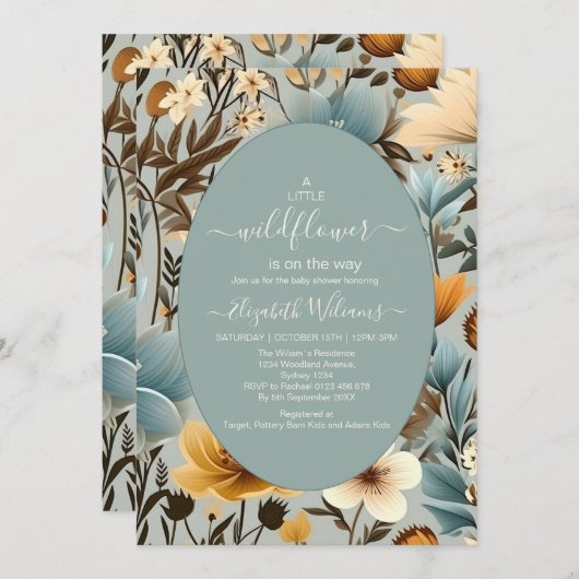 青いレトロ小さなワイルドフラワーベビーシャワー 招待状 (正面/裏面)