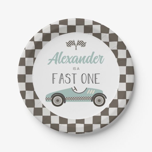 青いレーシングカーの誕生日紙皿 Fast One ペーパープレート (正面)