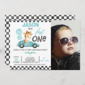 青いレーシングカーバルーンキリン写真1歳誕生日 招待状 (正面/裏面)