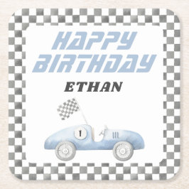 青いレーシングカー 初めての誕生日パーティー スクエアペーパーコースター