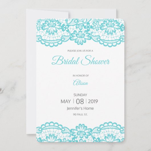青いレースのブライダルシャワーカード 招待状 (正面)