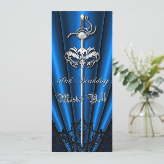 青いレースの仮面舞踏会の銀の第50誕生日 招待状 (スタンド正面)