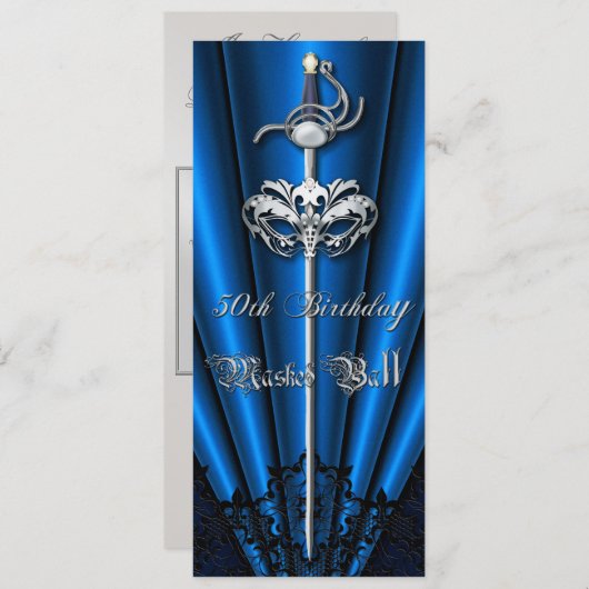 青いレースの仮面舞踏会の銀の第50誕生日 招待状 (正面/裏面)