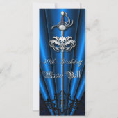 青いレースの仮面舞踏会の銀の第50誕生日 招待状 (正面)