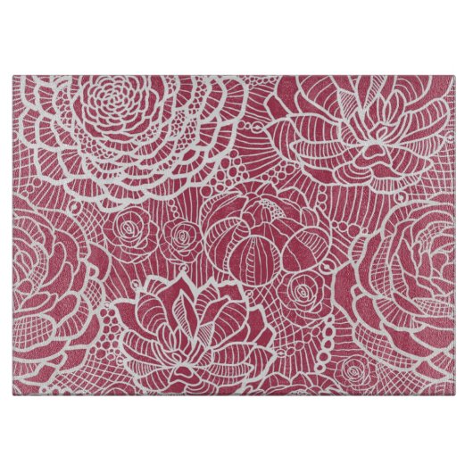 青いレースの花模様の背景 カッティングボード (正面)