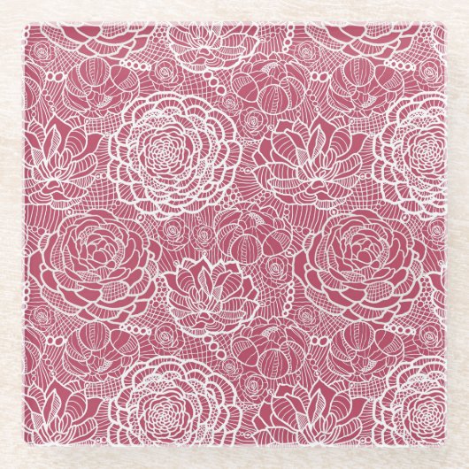 青いレースの花模様の背景 ガラスコースター (正面)