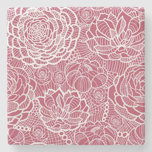 青いレースの花模様の背景 ストーンコースター (正面)