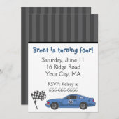 青いレースカーのパーティー招待状 招待状 (正面/裏面)