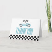 青いレースカーのベビーシャワー サンキューカード (正面)
