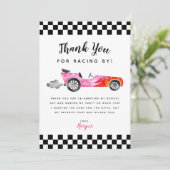 青いレースカーの女の子の誕生日パーティー サンキューカード (スタンド正面)