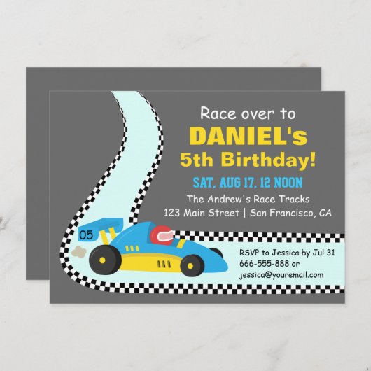 青いレースカーの子供の誕生日のパーティの招待状 招待状 (正面/裏面)