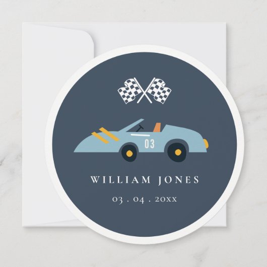 青いレースカーの子供の誕生日カップケーキトッパー デジタル 招待状 (裏面)