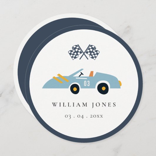 青いレースカーの子供の誕生日カップケーキトッパー デジタル 招待状 (正面/裏面)
