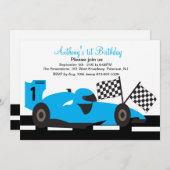 青いレースカーの男の子の最初誕生日の招待状 招待状 (正面/裏面)